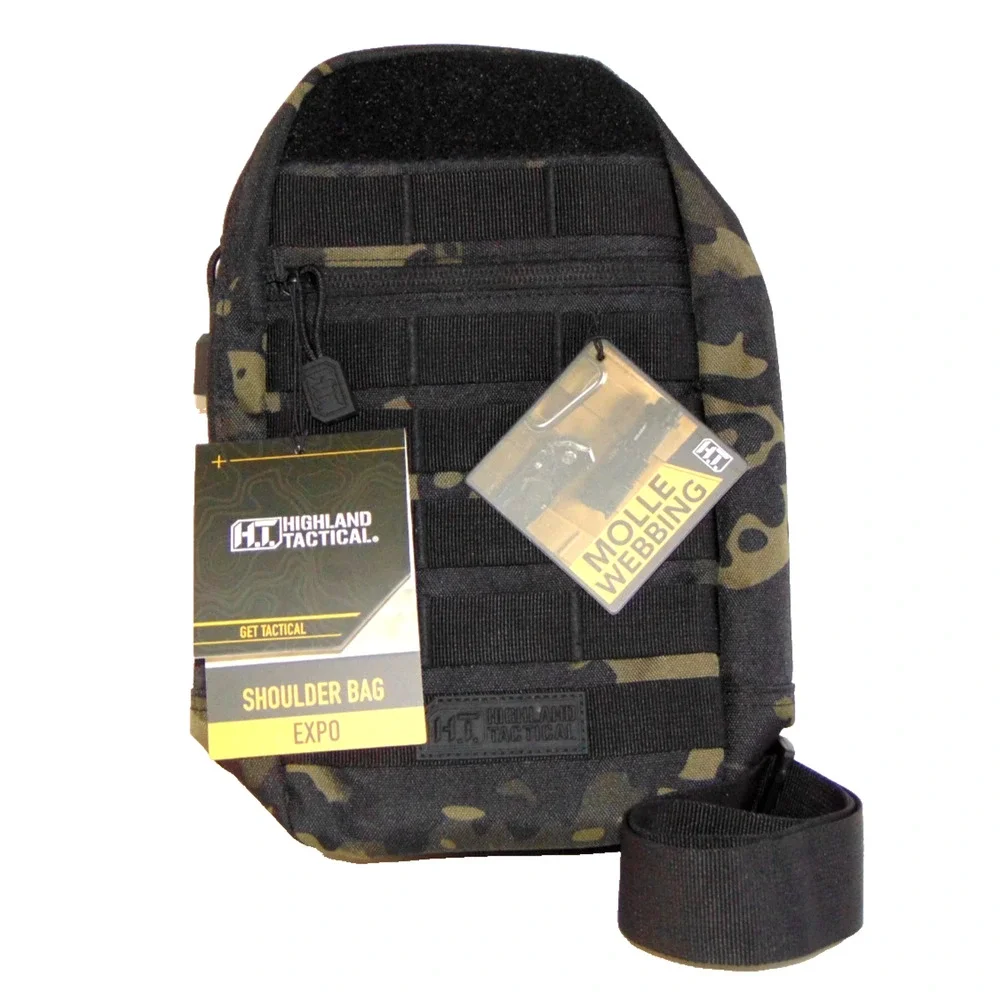 Highland Tactical Expo Sling Bag Black Urban Camo MOLLE EDC Crossbody Shoulder